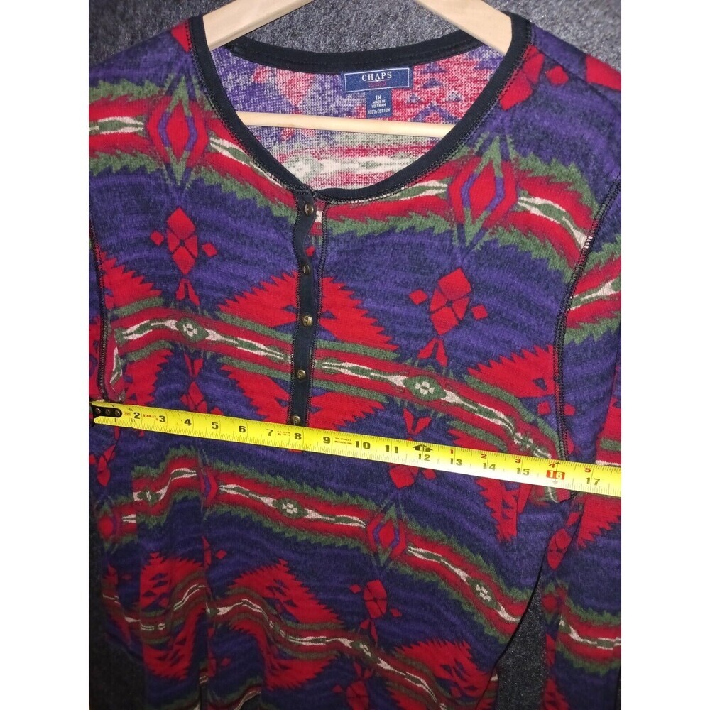 Chaps Denim Aztec Print Long Sleeve Waffle Knit Rib Thermal Henley Top Shirt 1x - Picture 6 of 10